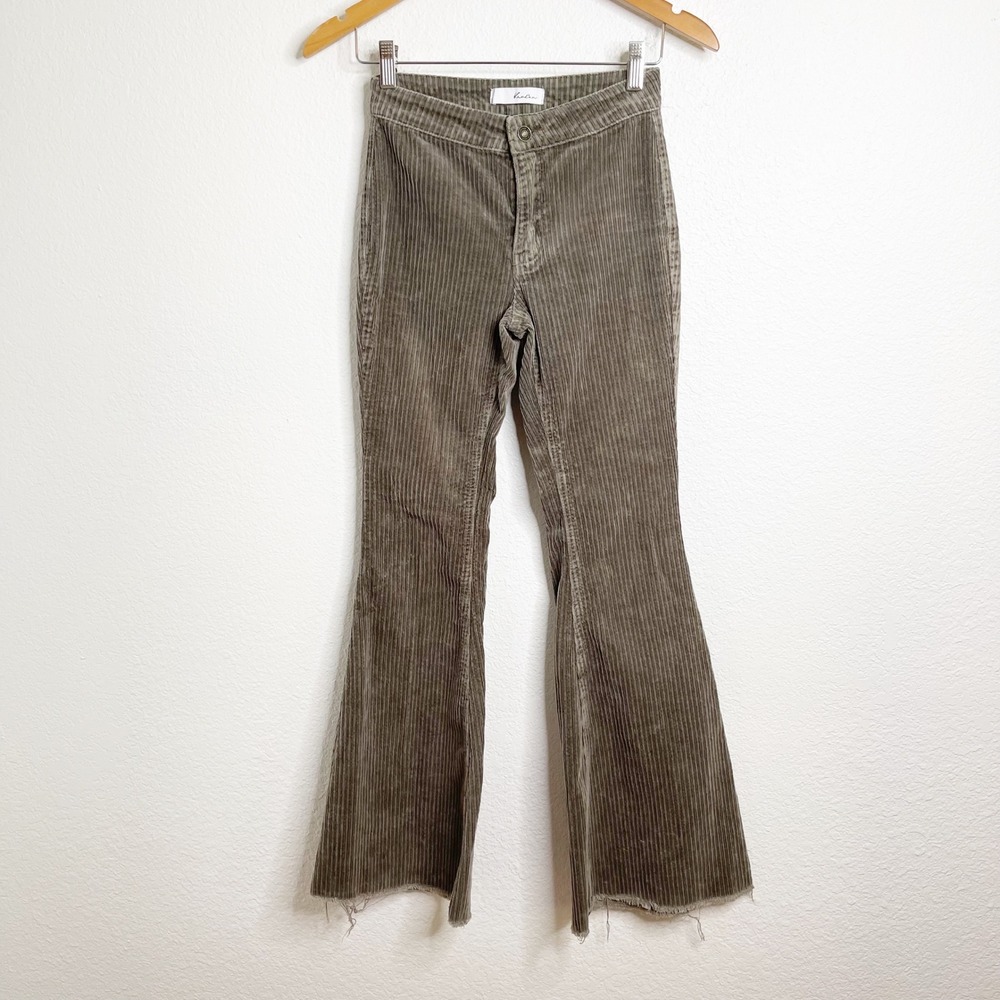KanCan Olive Green Corduroy Flare Pants Raw Hem High Rise Bell Bottoms